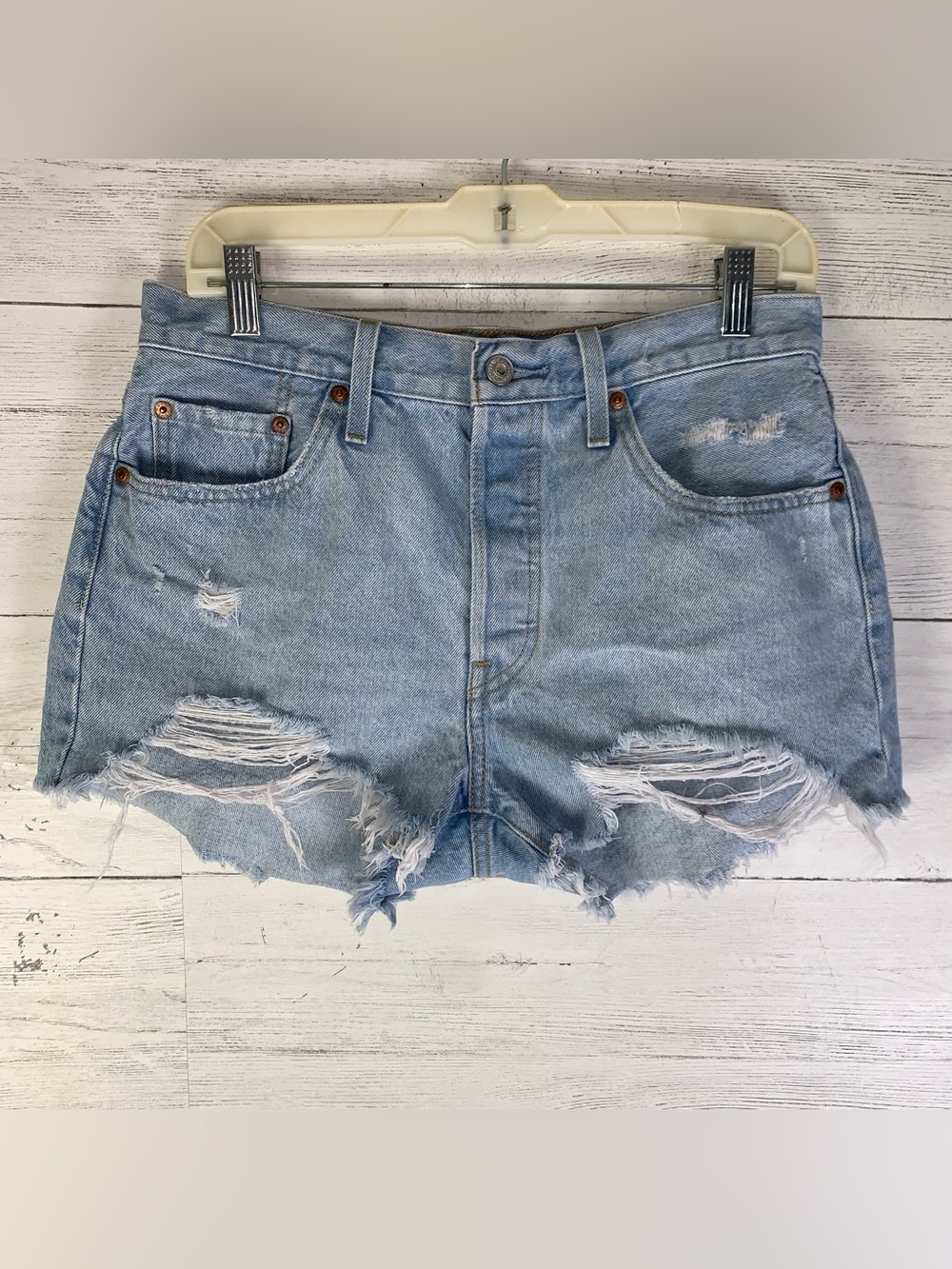 Levi's 501 High Rise Distressed Button Fly Denim Shorts Light Wash Womens Sz W29